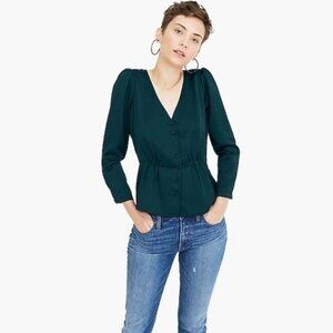 J.Crew Womens Long Sleeve V-Neck Button-Up Peplum Blouse Size 2 Deep Green